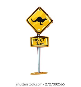 Señal de advertencia de la carretera del canguro con la silueta del canguro que salta, tablero amarillo del diamante, placa próxima de 2 km, poste del metal, símbolo del tráfico. Signo de cruce de canguro, Ilustración vectorial de dibujos animados.