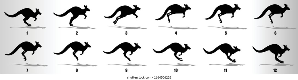 Kangaroo Run cycle animation frames silhouette, loop animation sequence sprite sheet 