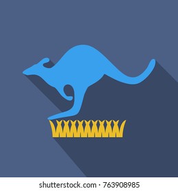 Kangaroo is running on grass. Vector in flat style with shadow