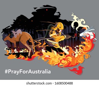 Kangaroo Running From Wild Fire Burning. Brave Australian Fire Man Try To Stop Wild Fire With Text Pray For Australia  Vector And Illustrator.