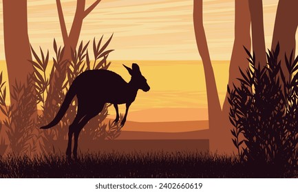 A kangaroo runs along the shore of a lake. Silhouettes of kangaroos and plants in the rays of the setting sun. Realistic flat vector landscape in brown tones