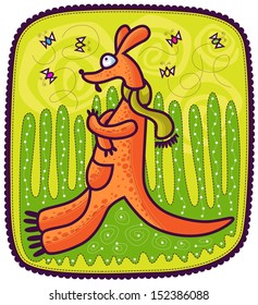 Kangaroo with a scarf around his neck sits in the grass leaning on the tail and watching butterflies.