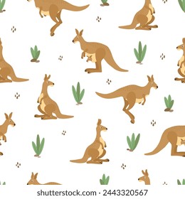 Kangaroo seamless pattern with animals and plants. Vector illustration