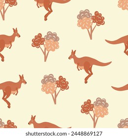 Kangaroo seamless pattern with animals and trees. Vector illustration