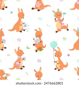 Kangaroo seamless pattern. Cute australian animals activities. Funny childish texture for fabric or wrapping, positive background nowaday vector design