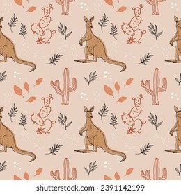 Kangaroo seamless pattern hand drawn background with animals, cactus, plants flat vector illustration. Boho backdrop for wrapping, design, print, paper, textile, card