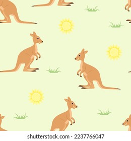 Kangaroo seamless pattern. Vector baby background with cute, funny wallabies. Cartoon illustration of an Australian animal.