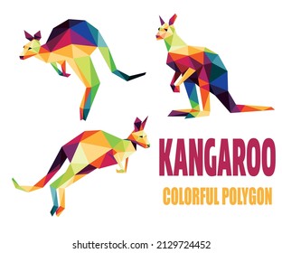 Kangaroo Set in Colorful Polygonal Low poly. Jumping Kangaroo Colorful Abstract. Collection of Kangaroo Colorful Logo