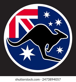 Silueta canguro con bandera australiana. Pegatina y etiqueta del círculo canguro del salto del día de Australia. Ilustración vectorial