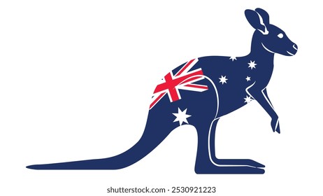 Kangaroo silhouette with the Australian flag, iconic representation of Australian culture and spirit. One of the National Symbols of Australia.