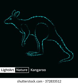 Kangaroo silhouette of cyan lights on black background