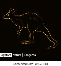 Kangaroo silhouette of gold lights on black background