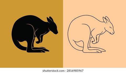 Kangaroo silhouette and line art side profile with kangaroo marsupial wildlife