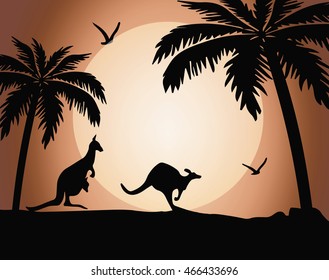 Kangaroo silhouette on sunset. Vector background 