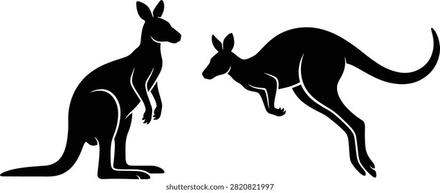 Kangaroo silhouette set with standing and jumping marsupial vector