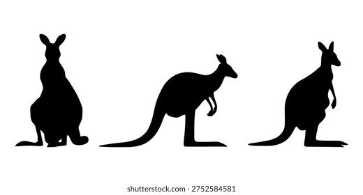Conjunto de silueta de canguro. Colección de Vector canguro. Símbolo canguro. Siluetas de animales negros aislados sobre fondo blanco. Ilustración vectorial.