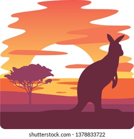 Kangaroo Silhouette at Sunset with Tree and Ocean