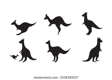 Kangaroo silhouette with various movements isolated on white background