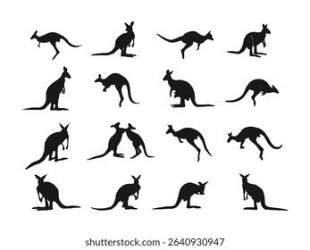 Kangaroo silhouette vector art design. Silhouette Kangaroo in Black Color Vector Concept Illustration. Set of silhouettes of a kangaroo, different poses, black color, isolated on a white background.