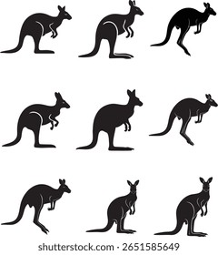 Kangaroo Silhouette Vector Set, Australian Animal Icons in Different Poses