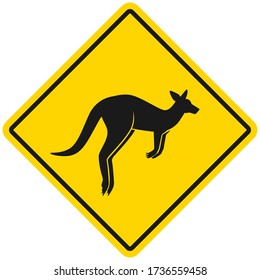 Kangaroo Silhouette. Wild animals yellow rhombus road warning sign