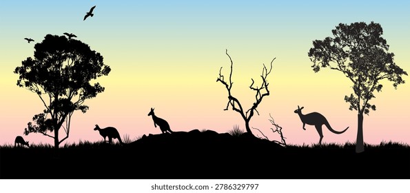 Kangaroo silhouettes roam an Australian outback at pastel sunrise, framed by eucalyptus trees, grassy scrub and flying birds, conveying calm, wide-open landscape, wildlife behavior and natural beauty.