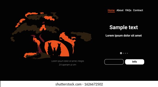 kangaroo silhouettes sitting near tree animals dying in bushfire forest fires in australia wildfire natural disaster concept intense orange flames horizontal copy space vector illustration