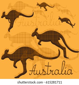 kangaroo silhouette,symbol nature Australia pet animal fauna.Map of Australia with kangaroo,handwritten text,background,card.Vector illustration animal