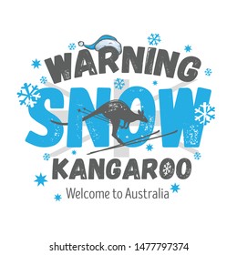 Kangaroo skiing in the snow in Australia. Warning sign. T-shirt image
