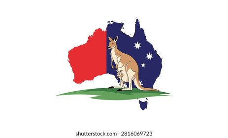 Kangaroo with a small baby joey in its pouch stands on a green field against the map of Australia in flag colors.