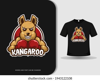 Kangaroo sport boxing animal mascot logo design with logotype and t-shirt mock up. Vector illustration