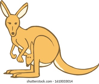 Kangaroo standing with a baby in her bag. Vector illustration on white background.