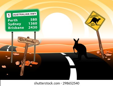 Kangaroo standing on road in the Australian outback.