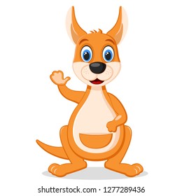 Kangaroo stands smiling and waving his paw on a white background. Character