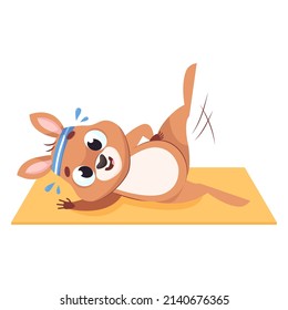 Kangaroo stretching legs cartoon vector illustration. Happy mammal with headband lying on mat, raising paws, doing physical activity. Wildlife animal, marsupial, sport concept