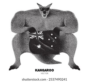 Kangaroo in sunglasses. Australia flag. Graphic pointillism technique