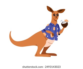 Kangaroo in sunglasses, drinking tropical cocktail in coconut. Funny happy marsupial on summer vacation, holiday. Cute Australian animal, tourist. Flat vector illustration isolated on white background