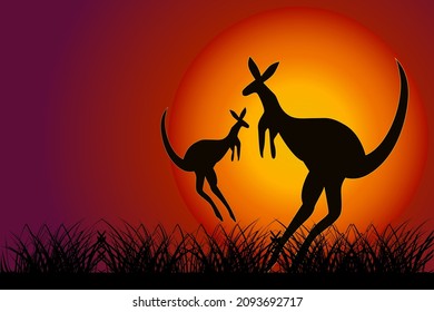 Kangaroo at sunset. Silhouette of kangaroo on orange sun background. Two kangaroos in Australian savanna. Couple wallaby at sundown. Wildlife of Australia. Australia Day banner with copy space. Vector