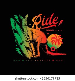 Kangaroo with a surfboard against the background of palm trees and sunset. Original vector illustration in vintage style. T-shirt design. Hand drawn, not AI