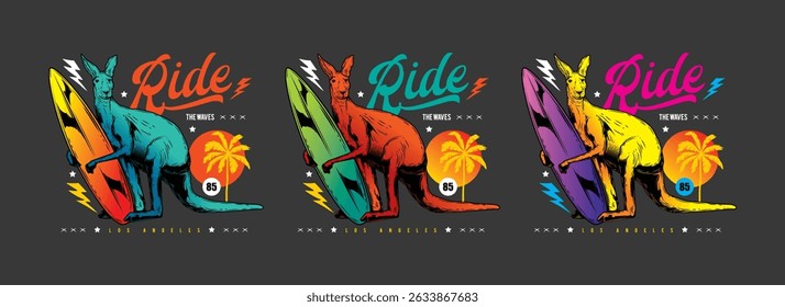 Canguru com uma prancha de surf contra o fundo de palmeiras e pôr do sol. Ilustração vetorial original em estilo vintage. Design de camiseta. Desenhado à mão, não com IA