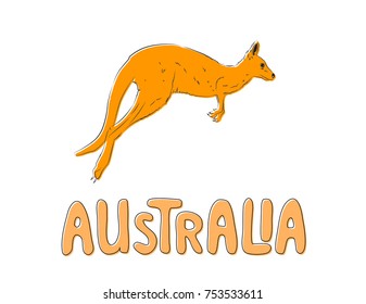 Kangaroo is symbol of Australia. Vector illustration of kangaroo and hand lettering Australia with white isolated background. For cards, banners, posters, paper products