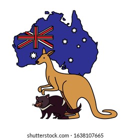 kangaroo and tasmanian devil with map of australia in the background vector illustration design