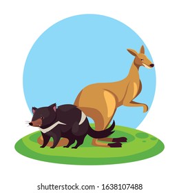 Kangaroo and Tasmanian devil over landscape. vector illustration design.