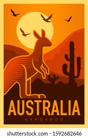 Kangaroo. Travel To Australia Poster Design, Postage Stamp, Sticker, Banner.