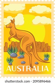 Kangaroo. Travel to Australia Poster Design, Postage Stamp, Sticker, Banner. 