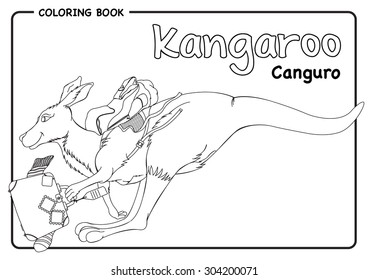 Kangaroo traveler jumping and carrying a suitcase on his leg and a backpack on his back. Coloring book