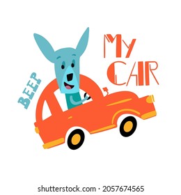 Сute kangaroo travels in orange car. Slogan letters written by hand. Unusual font funny illustration for printing.  Vector illustration.