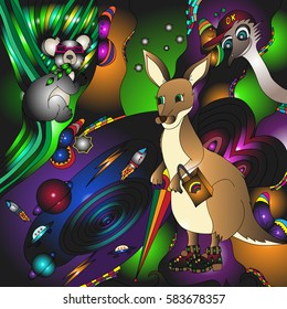 Kangaroo with an umbrella. Koala in sunglasses. Ostrich in a cap. Animals of Australia. Space rockets and planets. Bright psychedelic pattern. Freehand sketch. Black outline.
