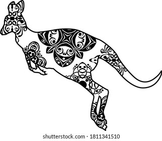 Kangaroo Vector Black Design With Nature Pattern