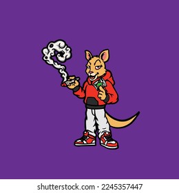 kangaroo vector character animal cartoon mascot smoking blunt and joint from weed flower nug cannabis marijuana